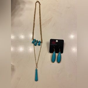 Paparazzi gold and turquoise long necklace and earrings set